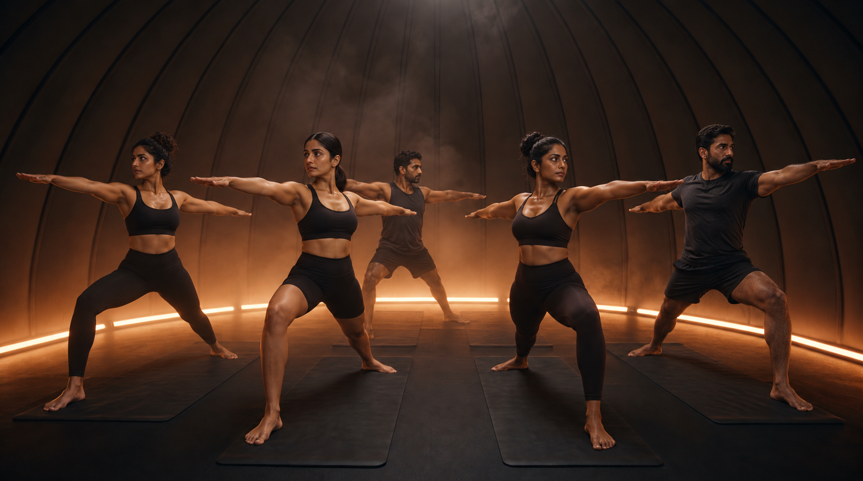 Inside the pod: a hot yoga class mid-flow in warm amber light
