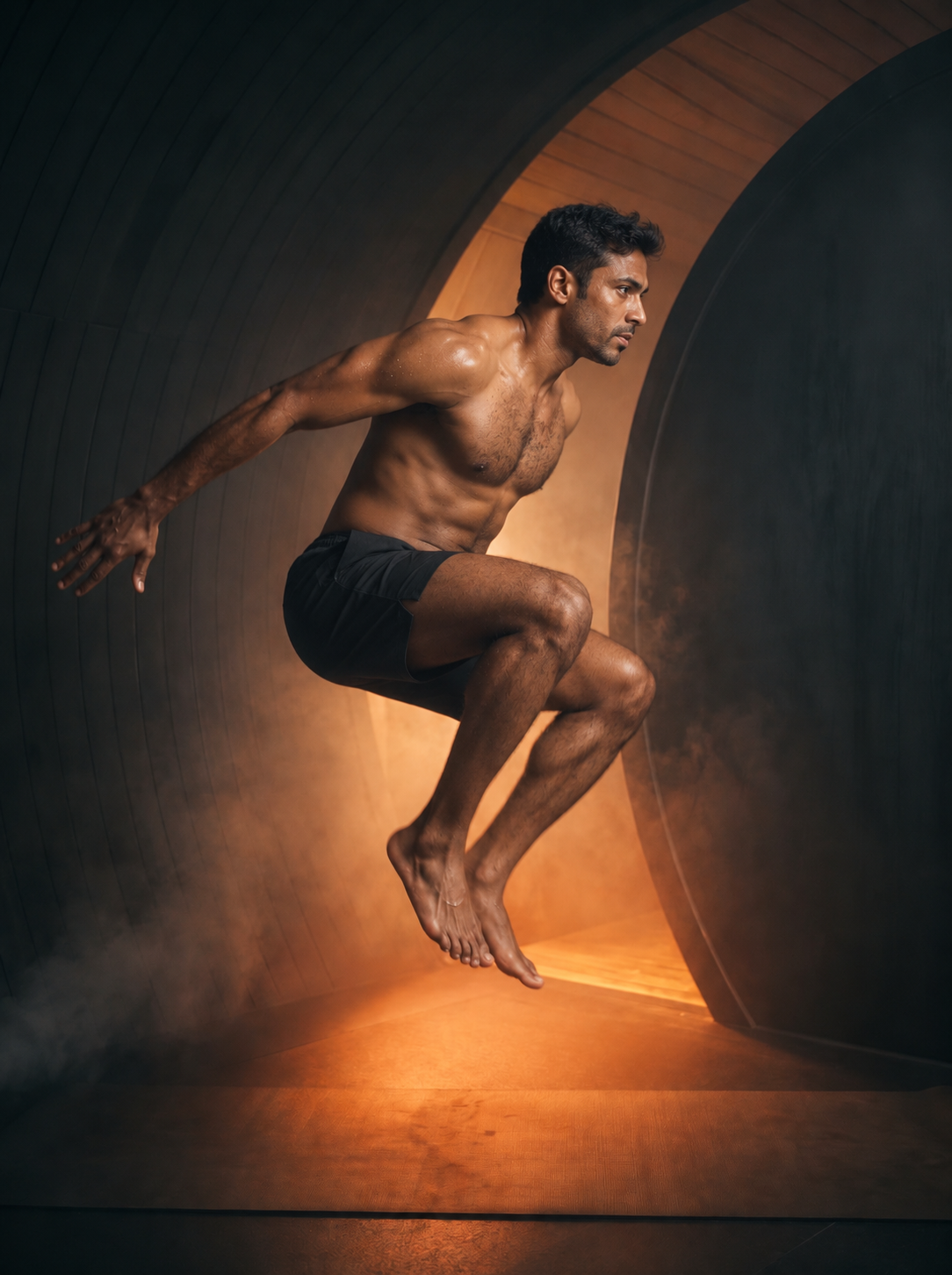 Man mid jump-squat in the warm light of the pod