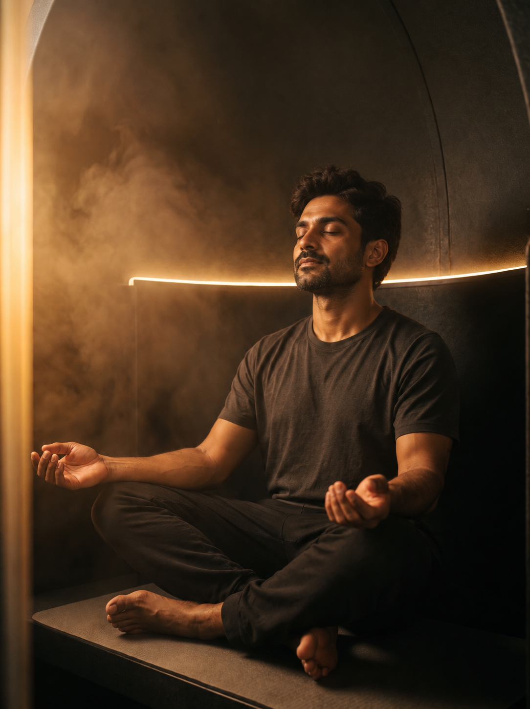 Man seated in meditation in soft amber light