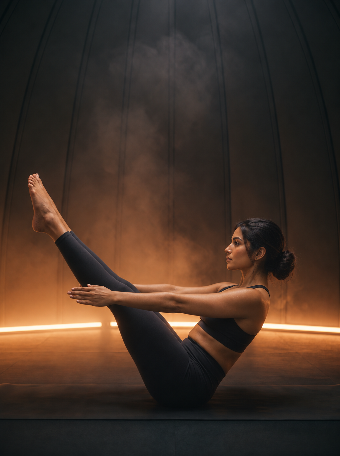 Woman holding a pilates teaser inside the pod
