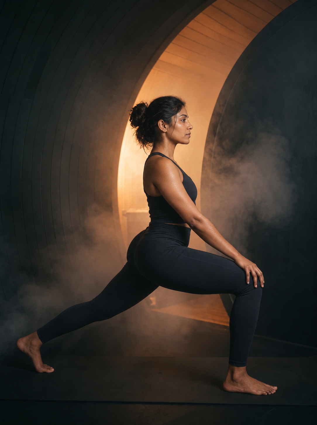 Woman holding a crescent lunge in the warm light of the pod
